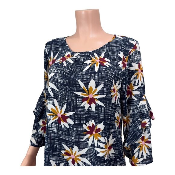 VAN HEUSEN Women SZ M Navy Blue Floral Basic Casual Top Blouse Ruffle 3/4 sleeve - Picture 2 of 16